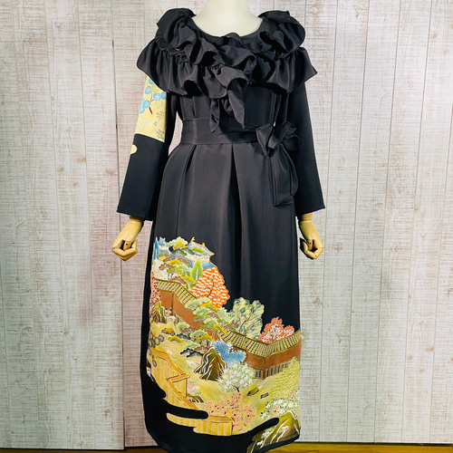 着物リメイク＊城・庭園風景刺繍正絹黒留袖ワンピースM～L＆ギャザー