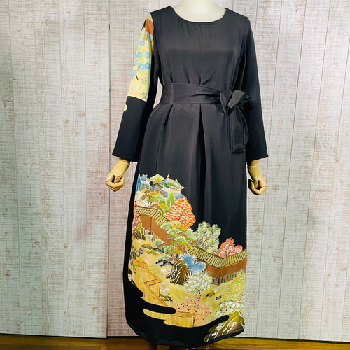 着物リメイク＊城・庭園風景刺繍正絹黒留袖ワンピースM～L＆ギャザー