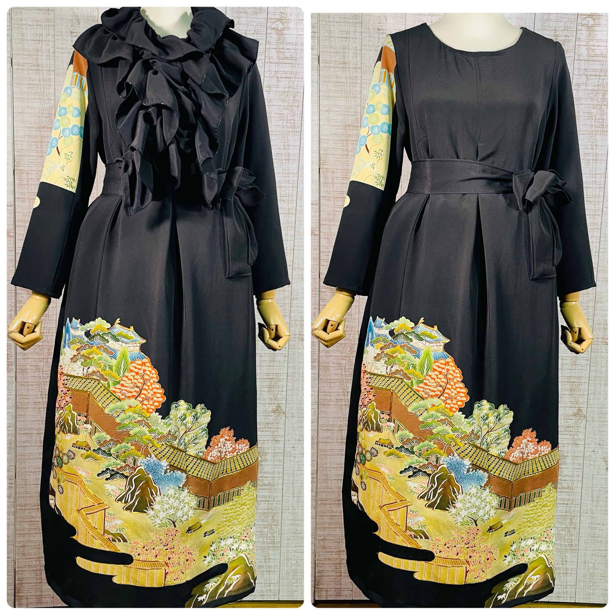 着物リメイク＊城・庭園風景刺繍正絹黒留袖ワンピースＭ～Ｌ＆ギャザーストール