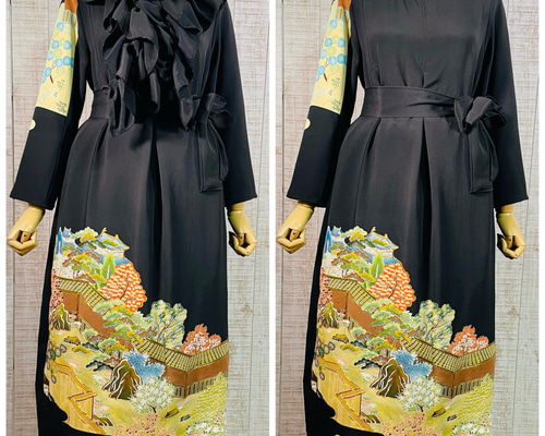 着物リメイク＊城・庭園風景刺繍正絹黒留袖ワンピースM～L＆ギャザー