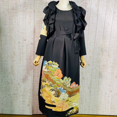 着物リメイク＊城・庭園風景刺繍正絹黒留袖ワンピースM～L＆ギャザー