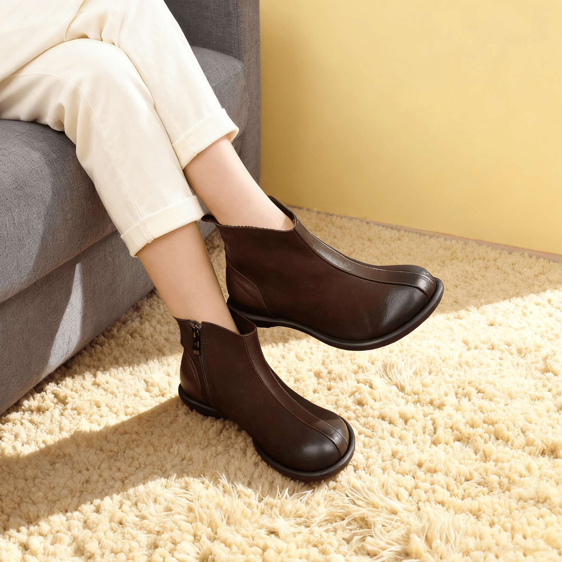 【 天然レザー×耐磨ゴム底】ダークブラウンショートブーツ|雨雪対応・長時間履き心地良し 通勤・買い物・旅行に最適