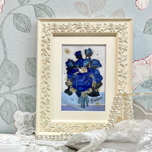 貴重なミニミニ青い薔薇の押し花アート額 その他アート 神戸六甲 優花