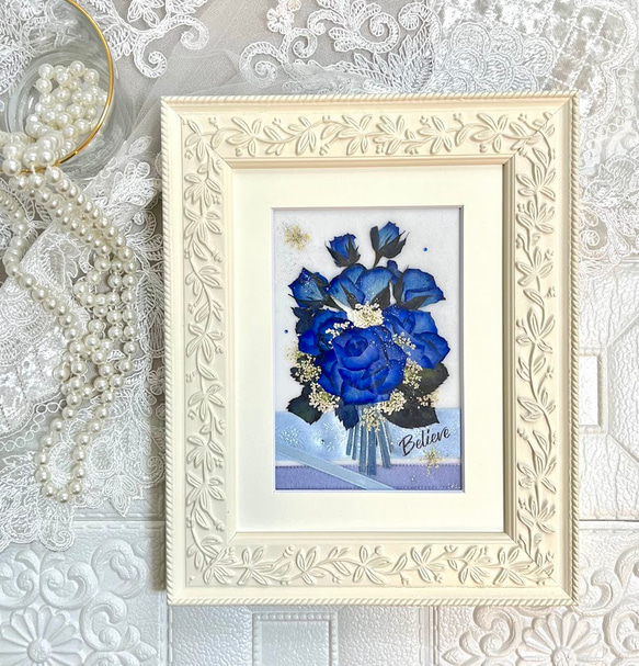 貴重なミニミニ青い薔薇の押し花アート額 その他アート 神戸六甲 優花