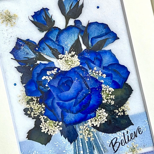 貴重なミニミニ青い薔薇の押し花アート額 その他アート 神戸六甲 優花