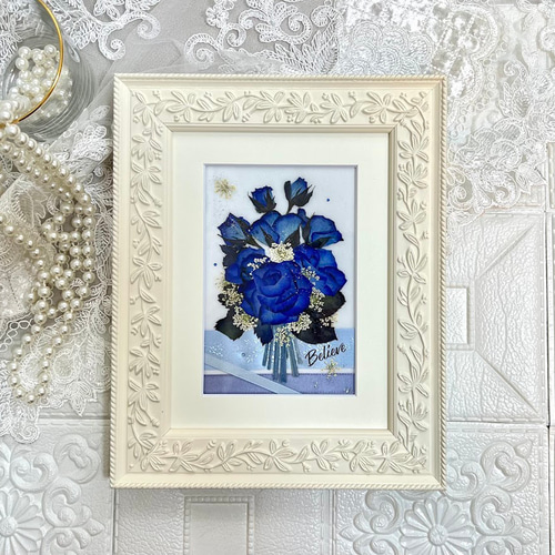 貴重なミニミニ青い薔薇の押し花アート額 その他アート 神戸六甲 優花