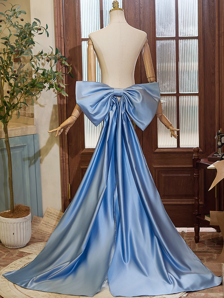 ロングトレーン 裾引き サテン 青 リボン 大トレーン DIY 肩飾り アクセサリー ウェディングドレス DTY053