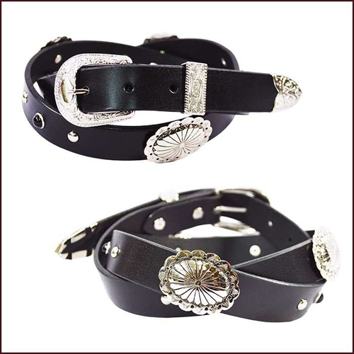 ウエスタンベルト コンチョ付き 黒スタッズ 24mm幅 3点金具 革 牛革 本