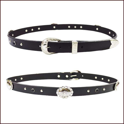 ウエスタン ベルト　ブラック黒 レザー コンチョ ウエスタンベルト コンチョ付き 黒スタッズ 24mm幅 3点金具 革 牛革 本