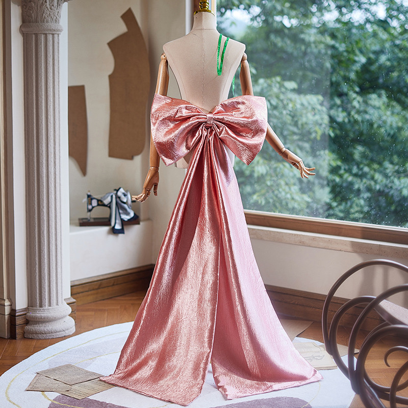 ロングトレーン 裾引き サテン ピンク リボン 大トレーン 綺麗 DIY アクセサリー ウェディングドレス DTY065