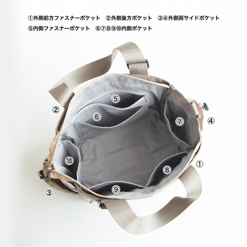 10ポケット3WAYバッグ［Mサイズ］撥水加工ナイロン｜ファスナー付｜斜