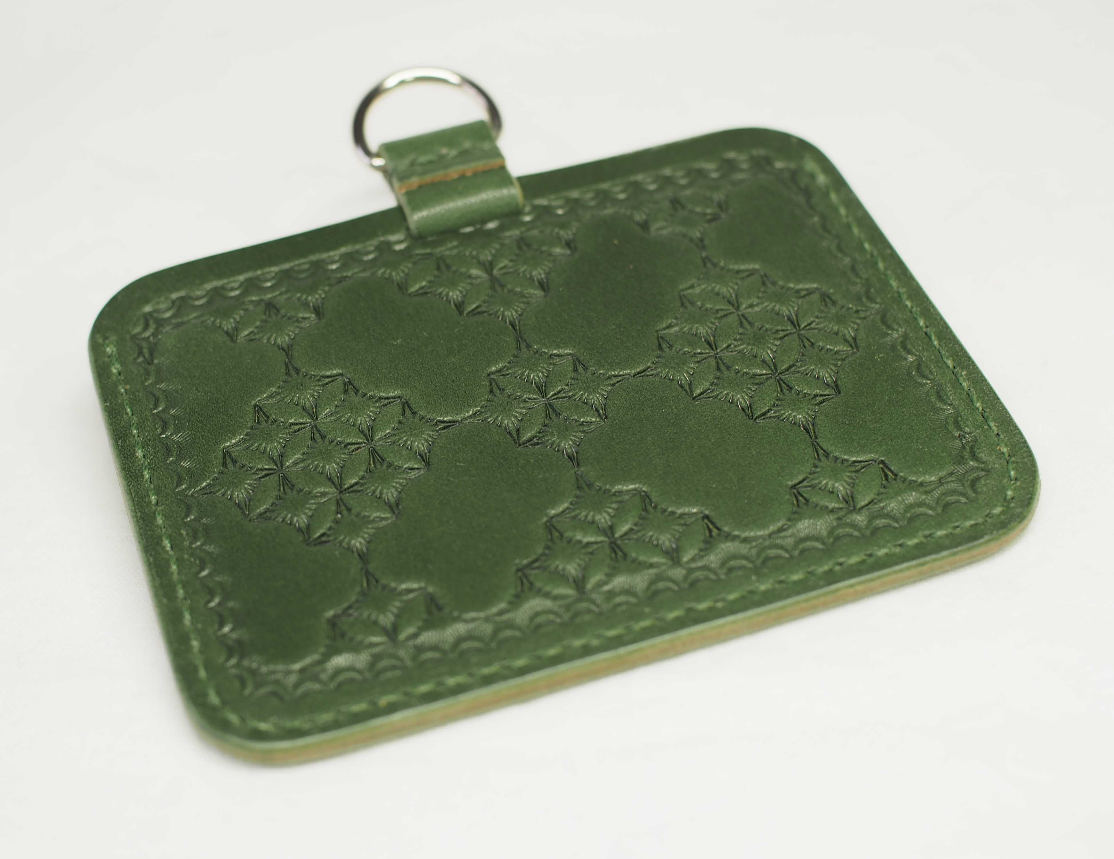 ID Card case　横型　緑　Box With Line 市松紋様 栃木レザー