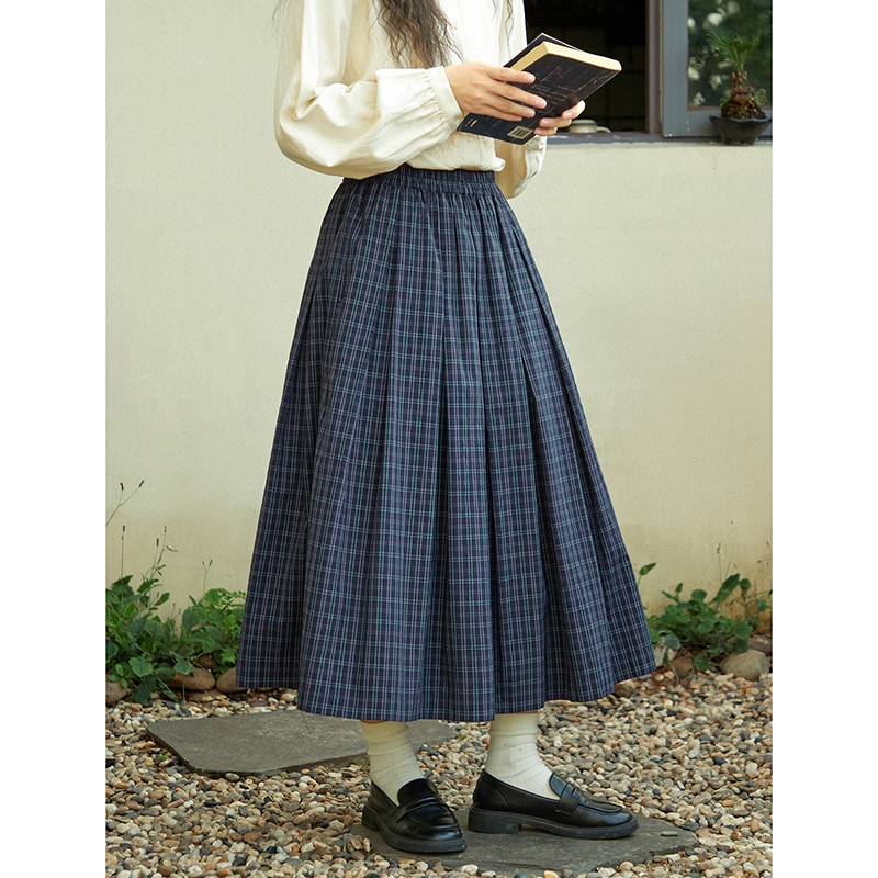 コットン格子スカート　ゴムウエストスカート　チェック柄　裏地付き　S-Mサイズ　S529