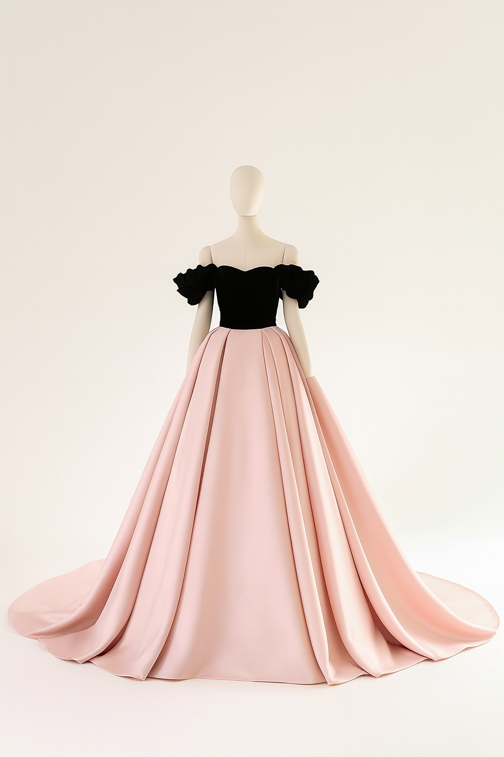 送料無料！カラードレス ピンク オフショルダー  姫袖 Aライン 黒 ビロード 光沢サテン  プリンセスライン 結婚式