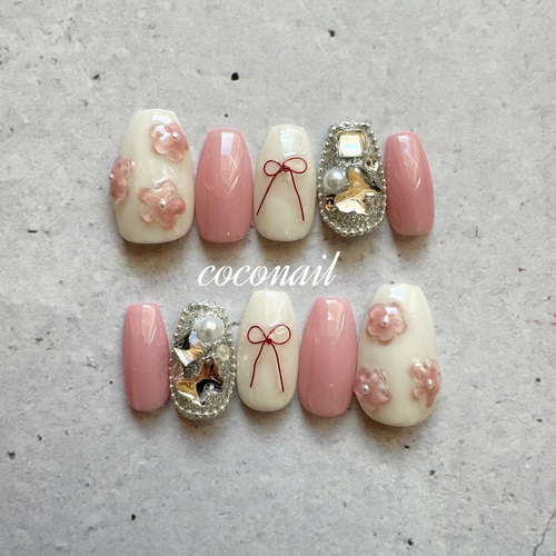 【オーダー】ネイルチップ　キラキラ　韓国ワンホン　ぷっくりリボン　推し参戦 ネイルチップ 韓国 ワンホン うるうる 推しネイル ピンクネイル