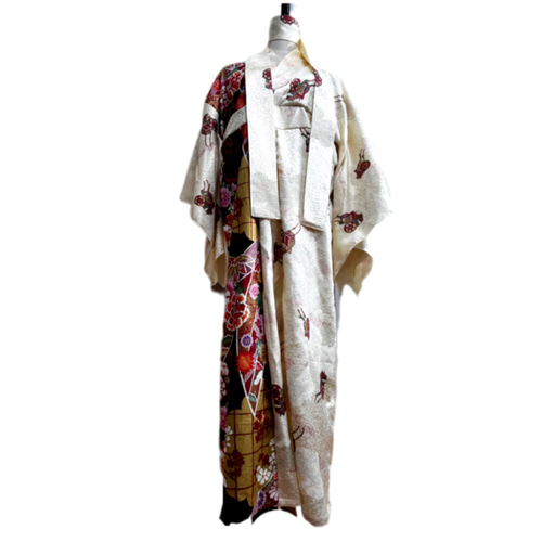 留袖×振袖　着物リメイク　コントラスト　ドレス　銀糸おしどり　和柄　ハンドメイド 留袖×振袖 着物リメイク コントラスト ドレス 銀糸おしどり 和柄