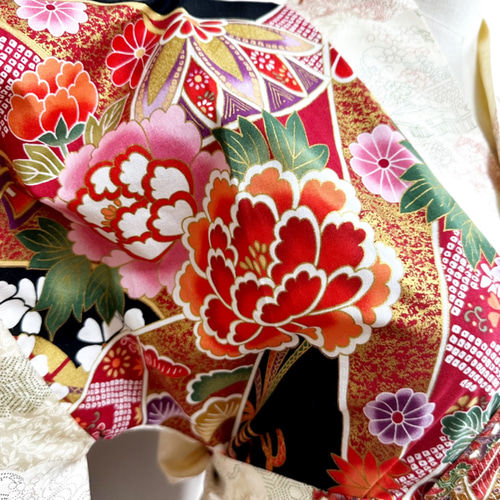 着物リメイク コントラストドレス 振袖御所車×着物柄 和柄 ワンピース