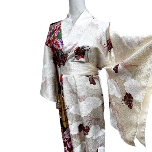 着物リメイク コントラストドレス 振袖御所車×着物柄 和柄