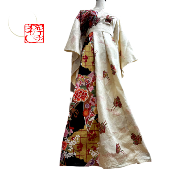 希少☆ビンテージ着物　リメイクドレス　花柄大　一点物！ 1点もの 振袖着物リメイク 後ろリボン マーメイドロングドレス