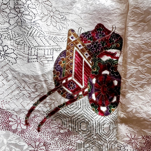 着物リメイク コントラストドレス 振袖御所車×着物柄 和柄 ワンピース