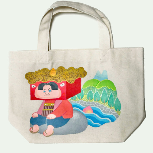 昔話「桃太郎」をモチーフにしたトートバッグ。絵の具（アクリル）で