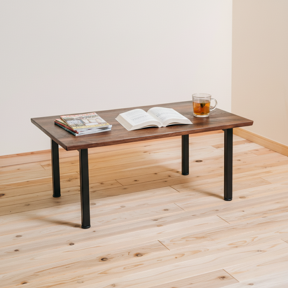 ウォールナット無垢材×スチール脚　ローテーブル｜天然木の高級リビングテーブル