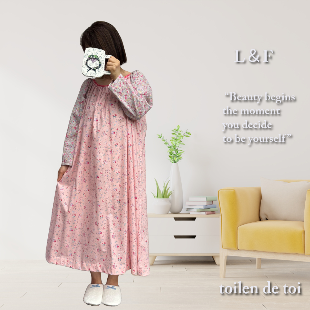 パジャマワンピースM長袖⑤ロングワンピース　コットンのワンピース