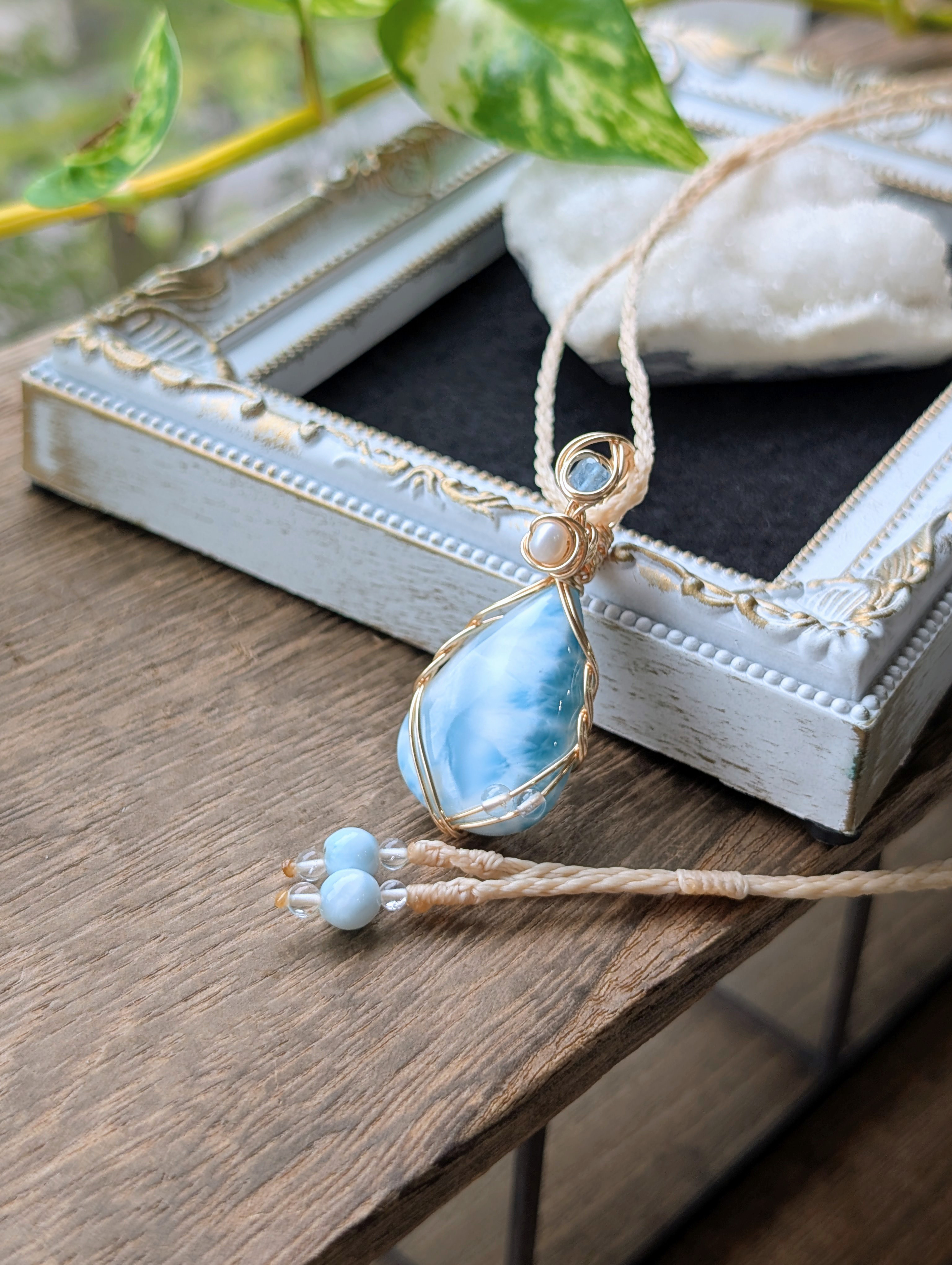 ☆High Quality Stone☆ラリマー・ブルーペクトライト☆ワイヤーネックレス 426 ・天然石ネックレス