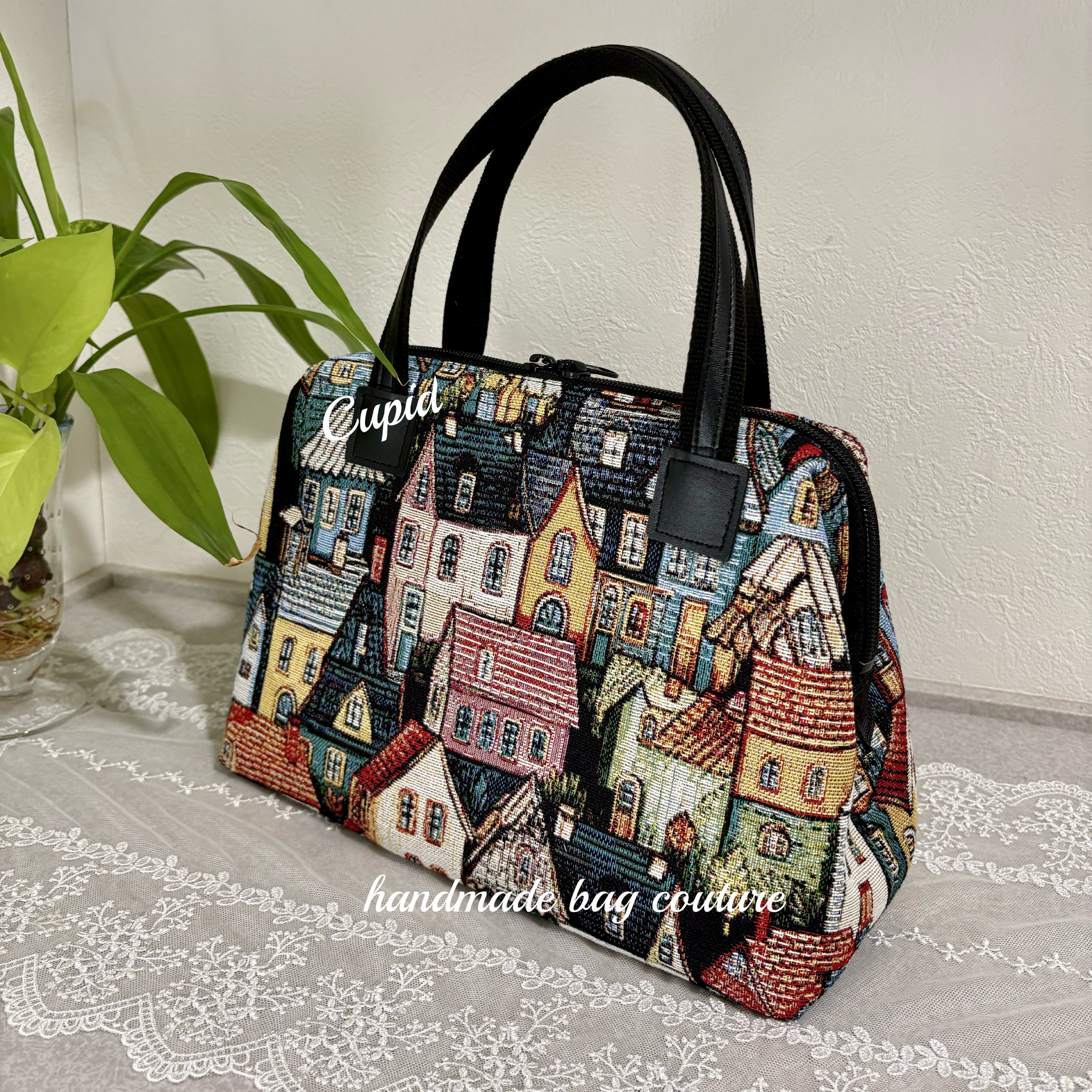 ラスト！オランダ輸入ゴブラン織 カラフルなハウス柄を使ったカパッと開閉軽量2Wayボストンバッグ