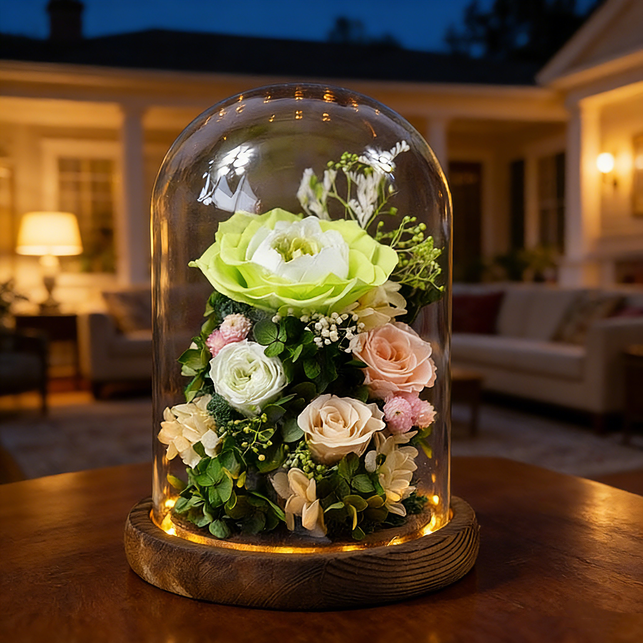 バラ 薔薇 ローズ、夢、記念日 ライト、フラワーアレンジメント、プリザーブドフラワー、ドライフラワー アレンジメント