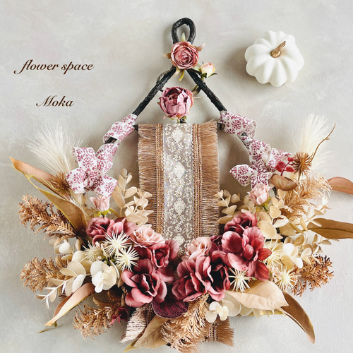 アンティークローズとアネモネの壁飾り くすみピンク・ブラウン