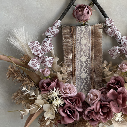 アンティークローズとアネモネの壁飾り くすみピンク・ブラウン