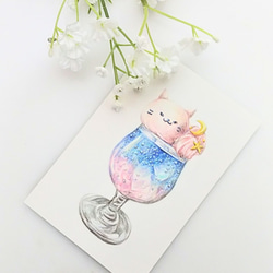 色鉛筆画 原画 1点物 手描き クリームソーダ 猫 イラスト ハガキサイズ