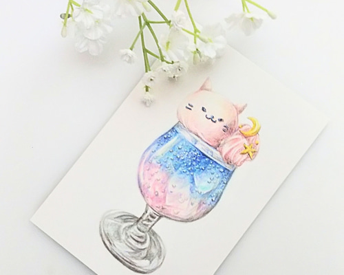 色鉛筆画 原画 1点物 手描き クリームソーダ 猫 イラスト ハガキサイズ