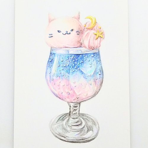 色鉛筆画 原画 1点物 手描き クリームソーダ 猫 イラスト ハガキサイズ
