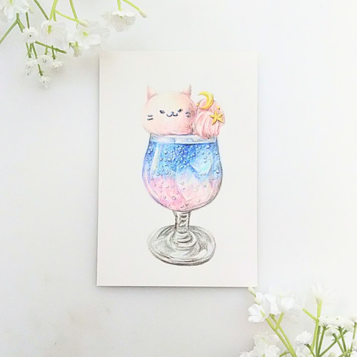 色鉛筆画 原画 1点物 手描き クリームソーダ 猫 イラスト ハガキサイズ