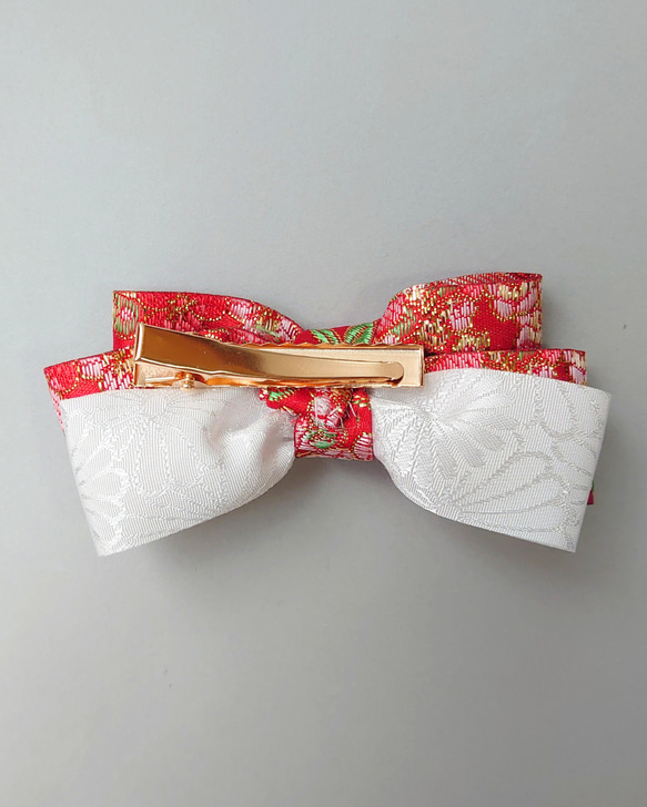七五三 髪飾り3点セット＊赤白×金の華やかリボンとお花 18枚目の画像