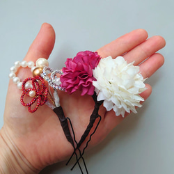 七五三 髪飾り3点セット＊赤白×金の華やかリボンとお花 12枚目の画像