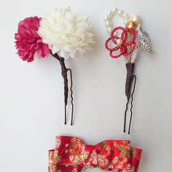 七五三 髪飾り3点セット＊赤白×金の華やかリボンとお花 4枚目の画像
