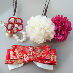 七五三 髪飾り3点セット＊赤白×金の華やかリボンとお花 3枚目の画像
