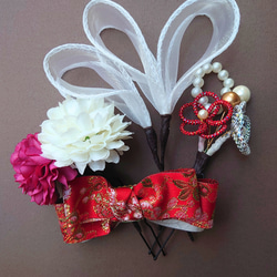 七五三 髪飾り3点セット＊赤白×金の華やかリボンとお花 15枚目の画像