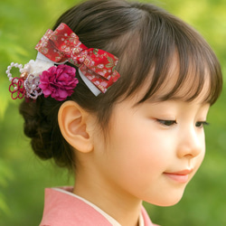 七五三 髪飾り3点セット＊赤白×金の華やかリボンとお花 9枚目の画像