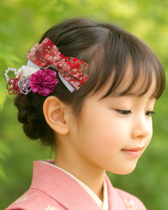 七五三 髪飾り3点セット＊赤白×金の華やかリボンとお花 9枚目の画像