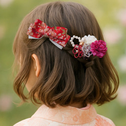 七五三 髪飾り3点セット＊赤白×金の華やかリボンとお花 8枚目の画像