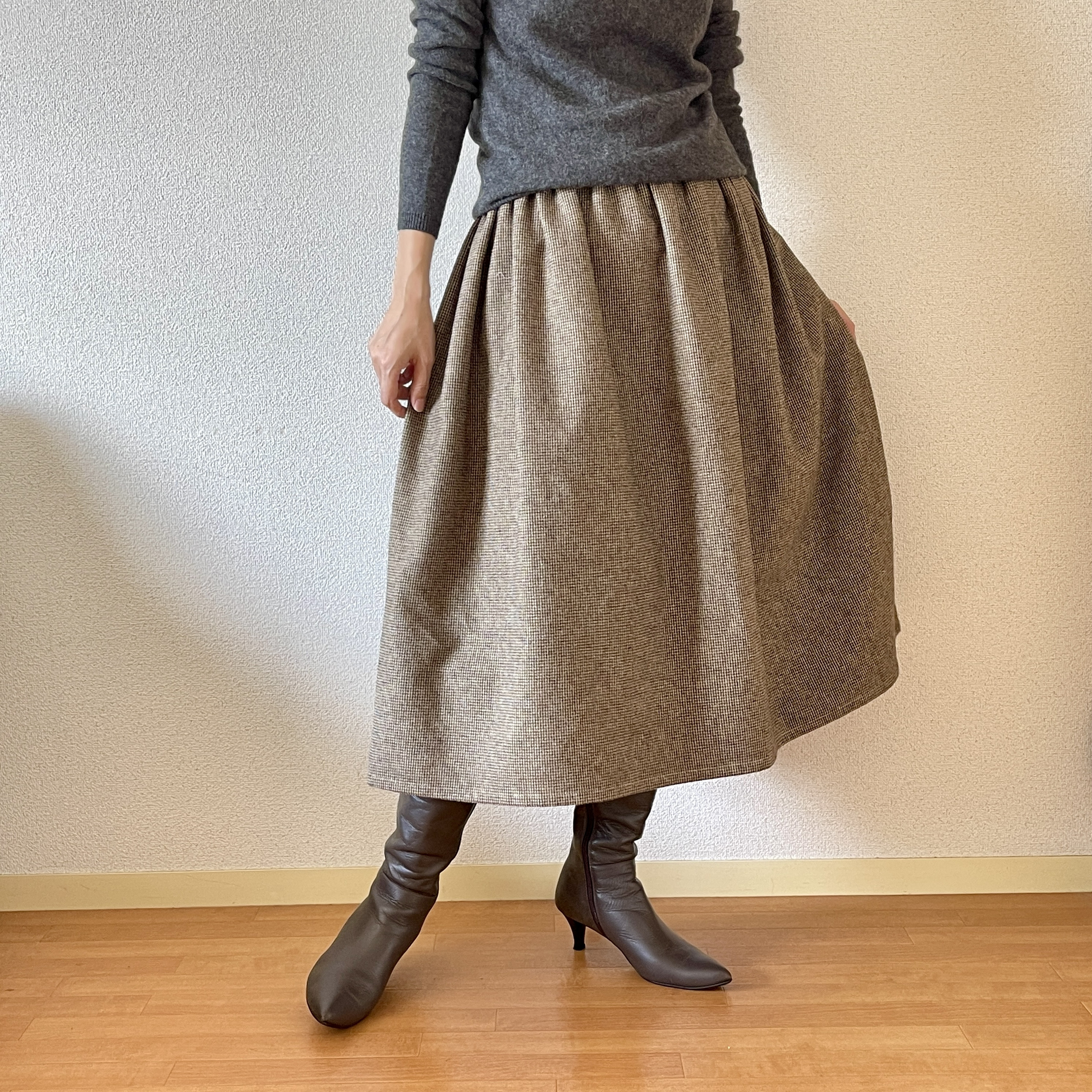 高級感ある風合い♪ウールライクコットンツイード　茶色系千鳥　ウエスト変更可