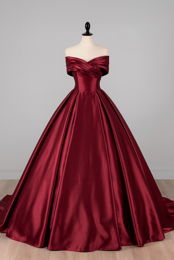 送料無料！カラードレス ボルドー色 オフショルダー 光沢サテン
