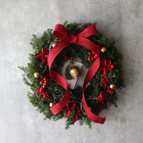 BlackFriday】ベルが鳴るクリスマスリース 赤 プリザーブドグリーン