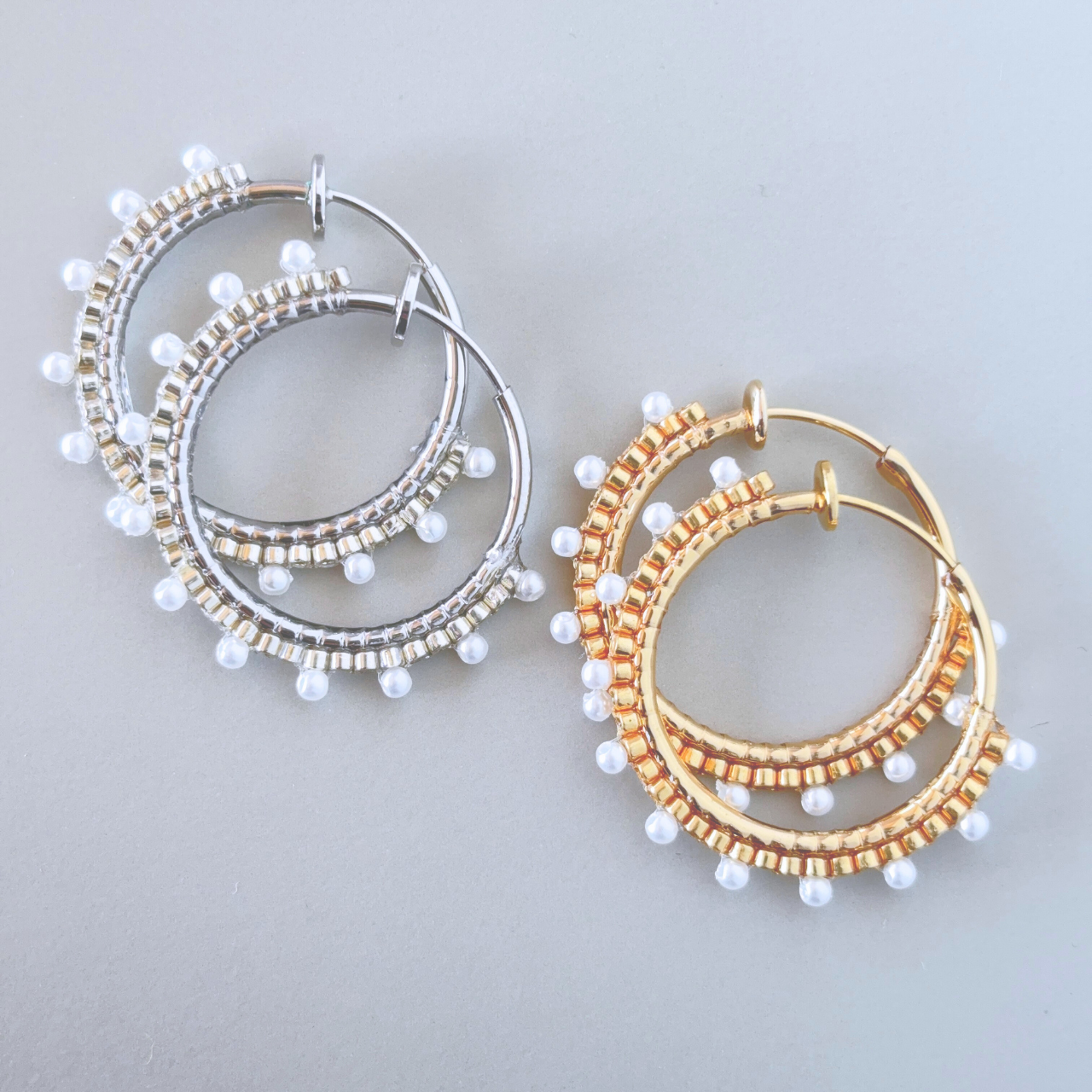 【金属アレルギー配慮】パール調つぶつぶフープイヤリング｜ノンホール バネ式 ゴールド 卒業式 入学式