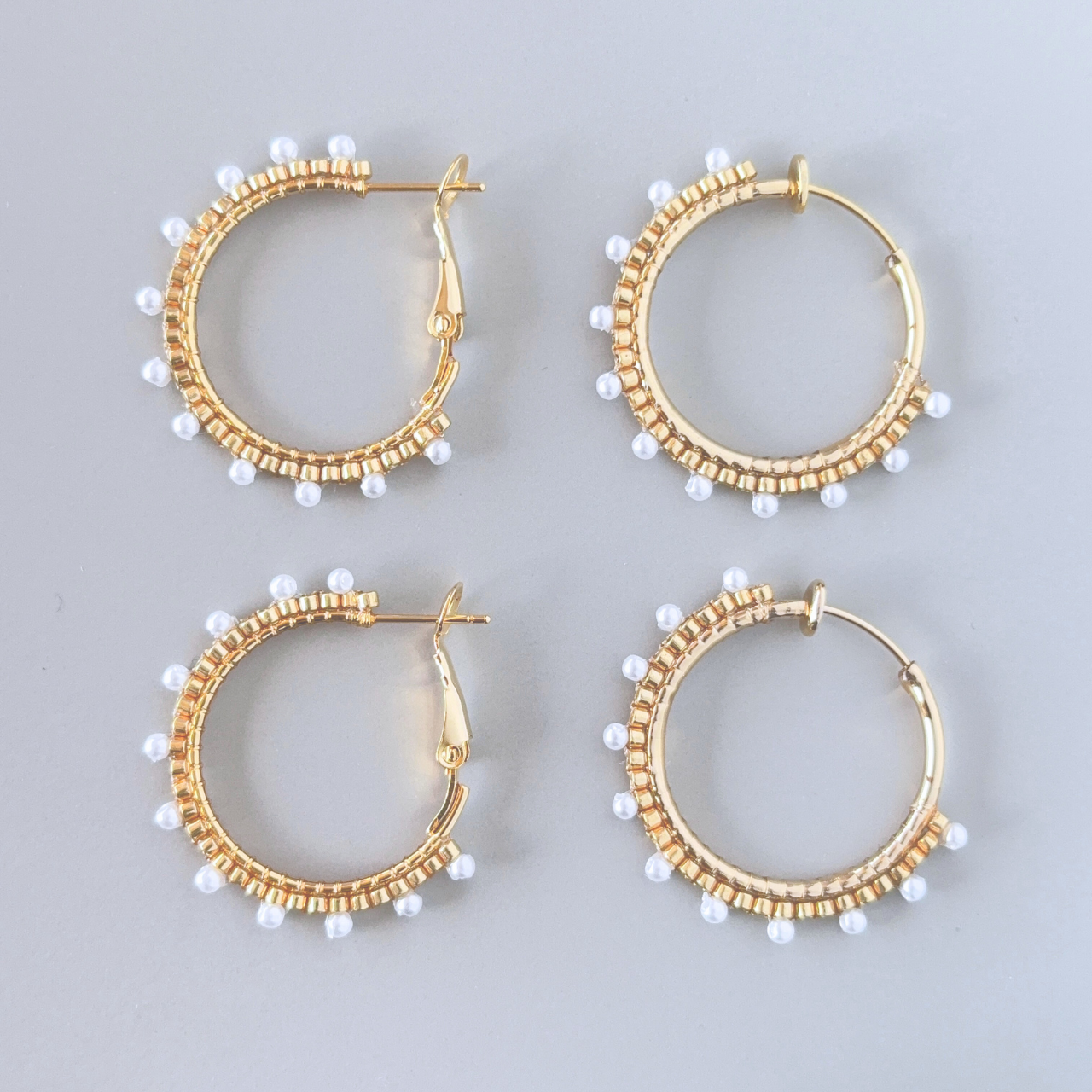 【金属アレルギー配慮】パール調つぶつぶフープイヤリング｜ノンホール バネ式 ゴールド 卒業式 入学式