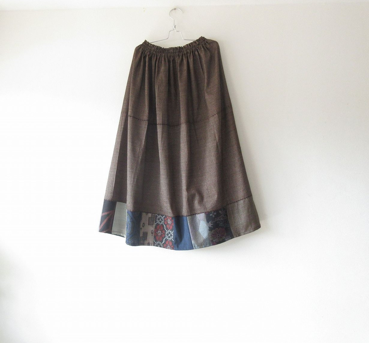 ☆大島紬着物ミディロングスカート☆裾パッチワーク♪/31ks047